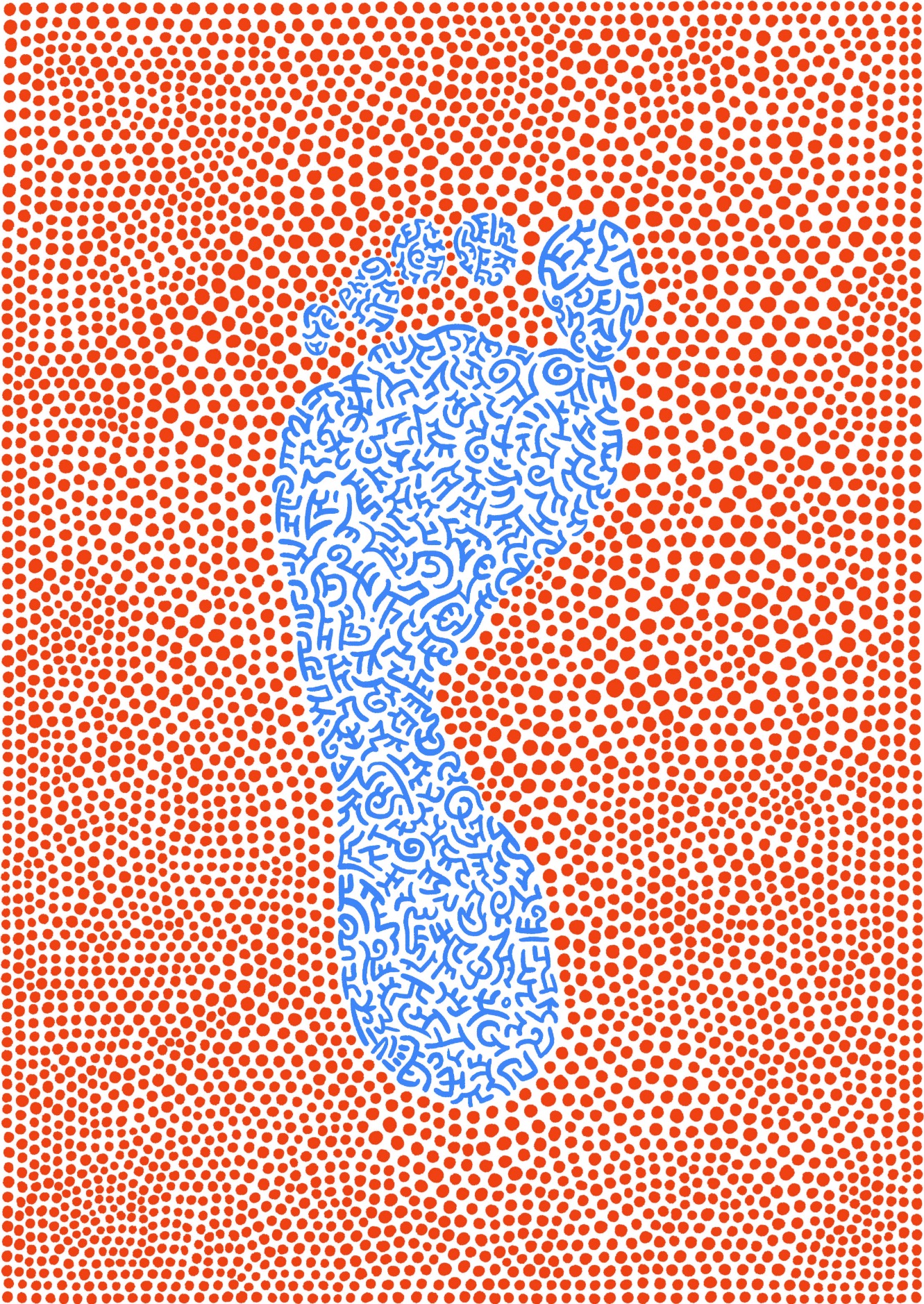 En bild med många små prickar, en blå fot som motiv och bakgrund i orange