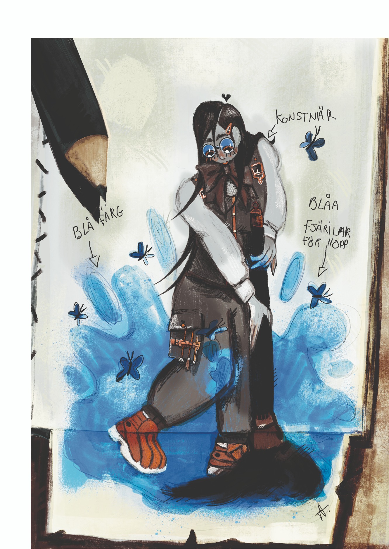 Illustration som föreställer en perso som målar med stor pensel i blå färg, fjärilar runt omkring